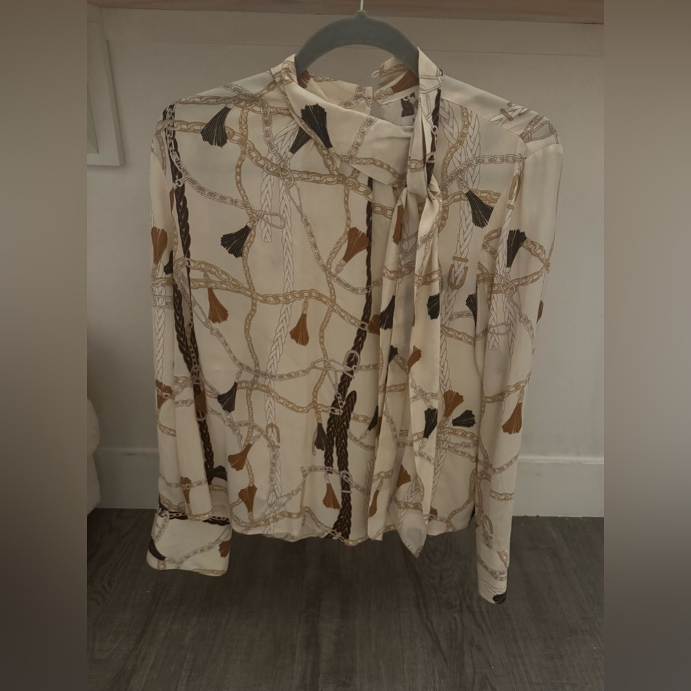 New Nine West Long Sleeve Cream Design High Neck Tie Sheer Blouse Size M